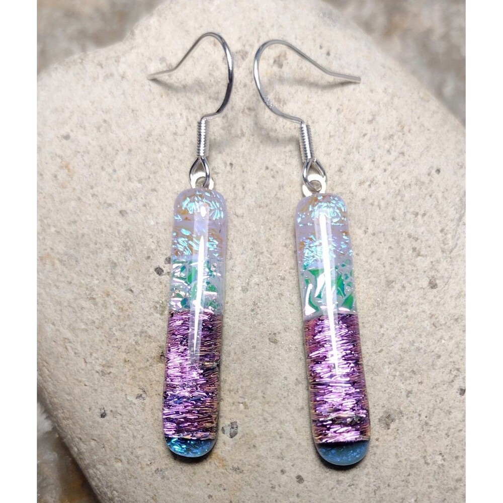 Fused Dichroic Art Glass Sterling Silver Dangle Earrings